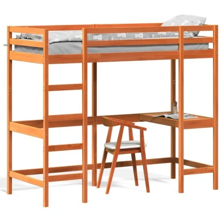 Cama alta con escritorio madera maciza pino marrón 75x190 cm de , Camas y somieres - Ref: Foro24-842865, Precio: 202,47 €, De...