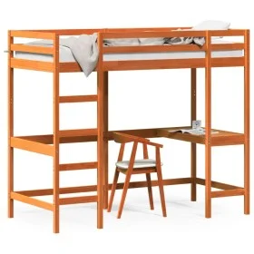 Cama alta con escritorio madera maciza pino marrón 100x200 cm de , Camas y somieres - Ref: Foro24-842849, Precio: 224,93 €, D...