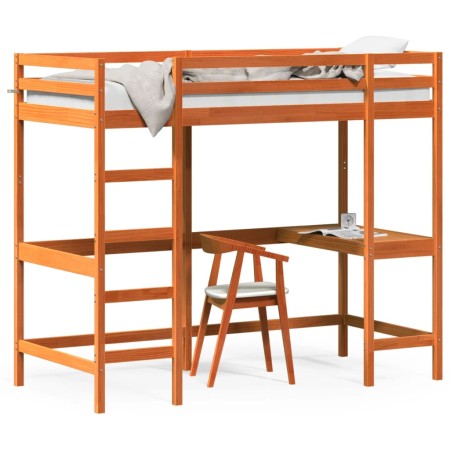 Cama alta con escritorio madera maciza pino marrón 100x200 cm de , Camas y somieres - Ref: Foro24-842849, Precio: 227,12 €, D...