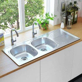 Fregadero de doble seno con colador y sifón de acero inoxidable de vidaXL, Fregaderos - Ref: Foro24-145075, Precio: 186,45 €,...