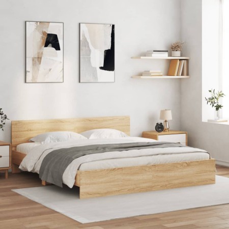 Estructura de cama con cabecero roble Sonoma 200x200 cm de , Camas y somieres - Ref: Foro24-3207457, Precio: 193,41 €, Descue...