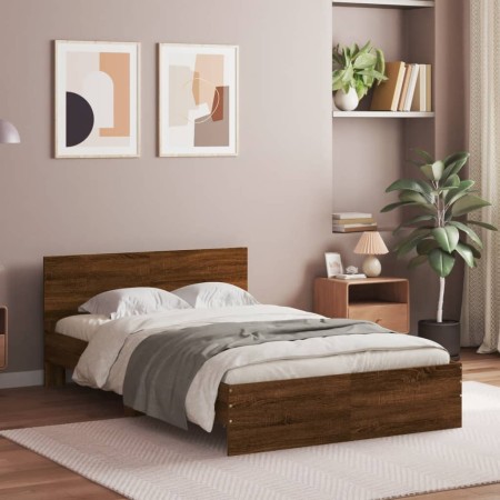 Estructura de cama con cabecero marrón roble 135x190 cm de , Camas y somieres - Ref: Foro24-3207510, Precio: 168,63 €, Descue...