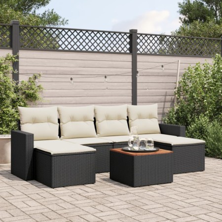 Set de comedor de jardín 7 pzas y cojines ratán sintético negro de , Sofás modulares de exterior - Ref: Foro24-3224243, Preci...