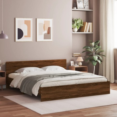 Estructura de cama con cabecero marrón roble 200x200 cm de , Camas y somieres - Ref: Foro24-3207461, Precio: 245,12 €, Descue...