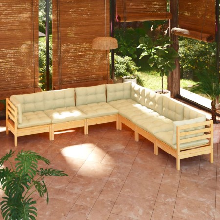 Muebles de jardín 7 pzas y cojines madera maciza de pino crema de , Conjuntos de jardín - Ref: Foro24-3096791, Precio: 580,58...