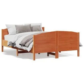 Bed frame with wax brown pine wood headboard 140x200 cm by , Beds and slatted bases - Ref: Foro24-3216175, Price: 223,91 €, D...