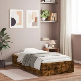 Smoked oak engineered wood bed with drawers 75x190 cm by , Beds and slatted bases - Ref: Foro24-3207333, Price: 122,65 €, Dis...