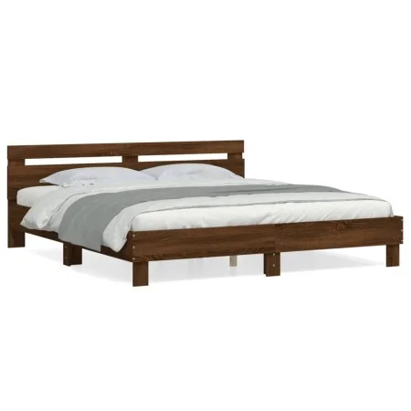 Oak brown engineered wood bed with headboard 180x200 cm by , Beds and slatted bases - Ref: Foro24-3207405, Price: 169,29 €, D...