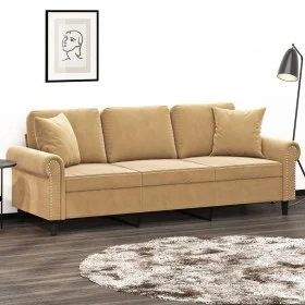 Sofá de 3 plazas con cojines terciopelo marrón 180 cm de , Sofás - Ref: Foro24-3200962, Precio: 336,48 €, Descuento: %