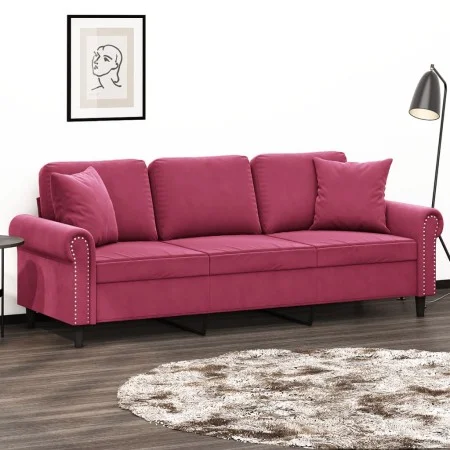 Sofá de 3 plazas con cojines terciopelo rojo tinto 180 cm de , Sofás - Ref: Foro24-3200959, Precio: 309,81 €, Descuento: %