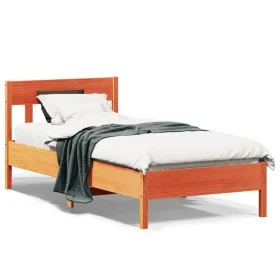 Bed frame with wax brown pine wood headboard 90x200 cm by , Beds and slatted bases - Ref: Foro24-842661, Price: 91,32 €, Disc...