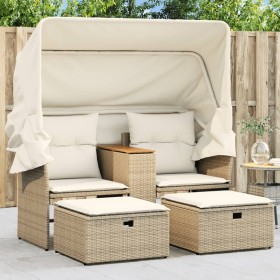 Sofá de jardín 2 plazas con toldo y taburetes ratán PE beige de , Sofás de exterior - Ref: Foro24-365802, Precio: 288,65 €, D...
