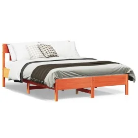 Bed frame with wax brown pine wood headboard 150x200 cm by , Beds and slatted bases - Ref: Foro24-842645, Price: 130,60 €, Di...