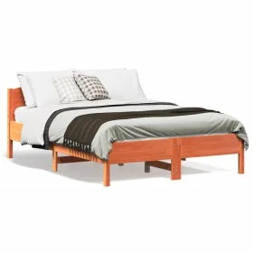 Bed frame with wax brown pine wood headboard 140x190 cm by , Beds and slatted bases - Ref: Foro24-842605, Price: 132,25 €, Di...