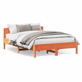 Estructura cama con cabecero madera pino marrón cera 140x200 cm de , Camas y somieres - Ref: Foro24-842597, Precio: 134,70 €,...