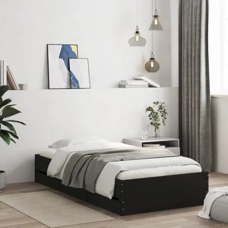 Cama con cajones madera de ingeniería negra 75x190 cm de , Camas y somieres - Ref: Foro24-3207330, Precio: 128,03 €, Descuent...