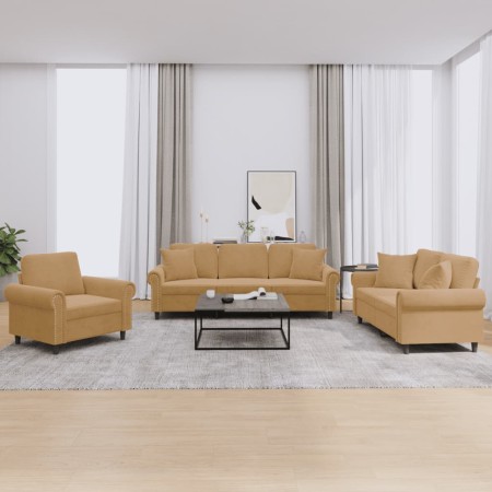Juego de sofás con cojines 3 piezas terciopelo marrón de , Sofás - Ref: Foro24-3202197, Precio: 760,63 €, Descuento: %