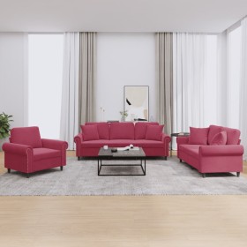 Juego de sofás con cojines 3 piezas terciopelo rojo tinto de , Sofás - Ref: Foro24-3202194, Precio: 763,87 €, Descuento: %