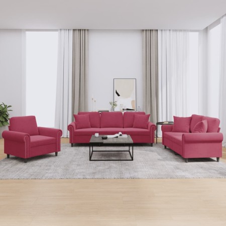 Juego de sofás con cojines 3 piezas terciopelo rojo tinto de , Sofás - Ref: Foro24-3202194, Precio: 763,87 €, Descuento: %