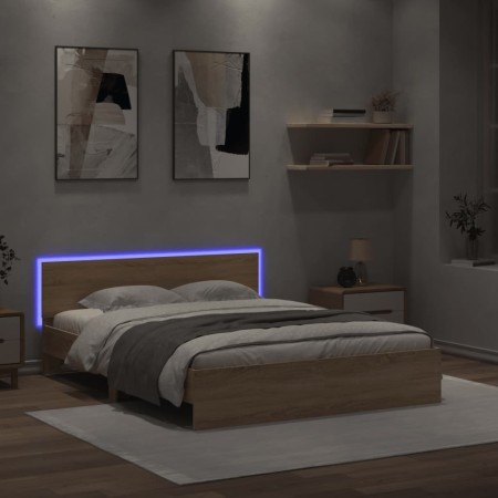 Estructura de cama cabecero y luces LED roble Sonoma 160x200 cm de , Camas y somieres - Ref: Foro24-3207597, Precio: 157,48 €...