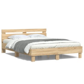 Estructura de cama cabecero y luces LED roble Sonoma 140x190 cm de , Camas y somieres - Ref: Foro24-3207562, Precio: 161,12 €...