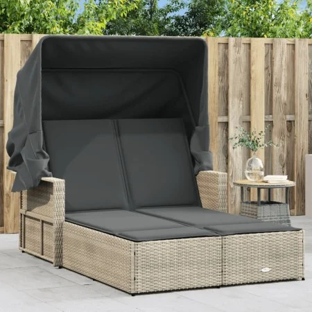 Double sun lounger with hood and light gray synthetic rattan cushions by , Loungers - Ref: Foro24-365812, Price: 357,36 €, Di...