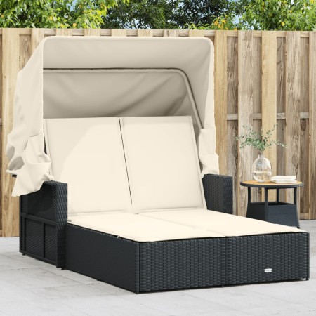 Tumbona doble con capota y cojines ratán sintético negro de , Tumbonas - Ref: Foro24-365806, Precio: 281,81 €, Descuento: %