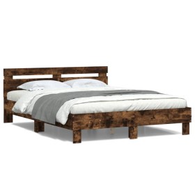 Estructura de cama cabecero y luces LED roble ahumado 140x190cm de , Camas y somieres - Ref: Foro24-3207564, Precio: 182,82 €...