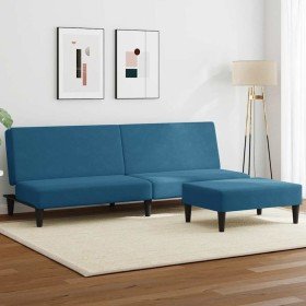 Sofá cama de 2 plazas con taburete terciopelo azul en Sofás | Comprar online en Foru.es