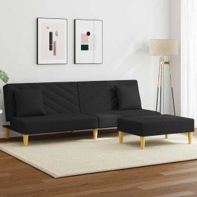 Sofá cama de 2 plazas con almohadas y taburete tela negro en Sofás | Comprar online en Foru.es