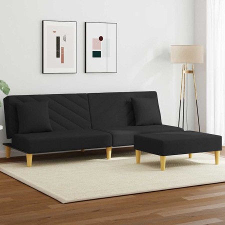 Sofá cama de 2 plazas con almohadas y taburete tela negro en Sofás | Comprar online en Foru.es