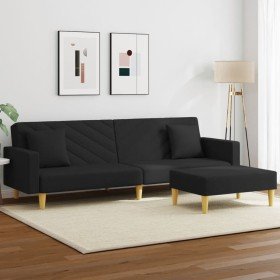 Sofá cama de 2 plazas con almohadas y taburete tela negro en Sofás | Comprar online en Foru.es