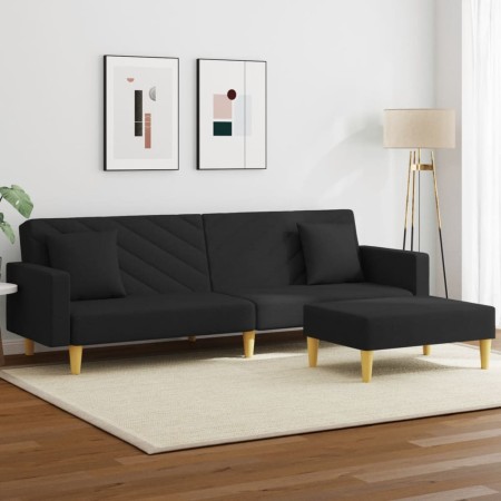 Sofá cama de 2 plazas con almohadas y taburete tela negro en Sofás | Comprar online en Foru.es