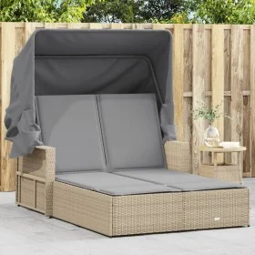 Tumbona doble con capota y cojines ratán sintético beige mix de , Tumbonas - Ref: Foro24-365811, Precio: 356,83 €, Descuento: %