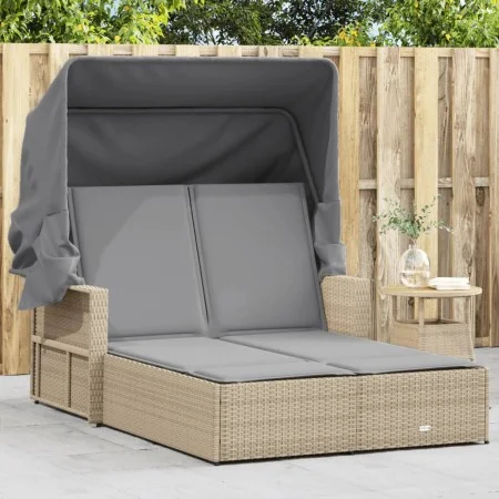 Double sun lounger with hood and beige mix synthetic rattan cushions by , Loungers - Ref: Foro24-365811, Price: 356,83 €, Dis...