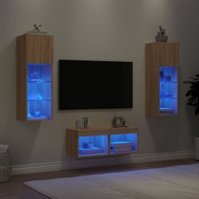 Muebles de TV de pared con luces LED 4 piezas roble Sonoma en Muebles TV | Comprar online en Foru.es