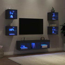 Muebles de TV de pared con LED 7 pzas madera ingeniería negro en Muebles TV | Comprar online en Foru.es