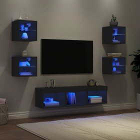 Muebles de TV de pared con LED 7 pzas madera ingeniería negro en Muebles TV | Comprar online en Foru.es