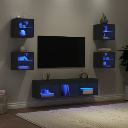 Muebles de TV de pared con LED 7 pzas madera ingeniería negro en Muebles TV | Comprar online en Foru.es