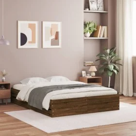 Oak brown engineered wood bed with drawers 150x200 cm by , Beds and slatted bases - Ref: Foro24-3207272, Price: 204,32 €, Dis...