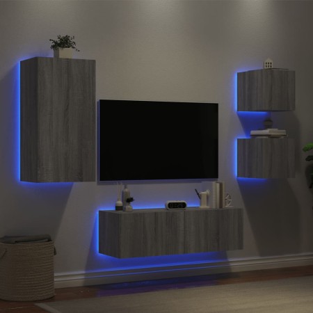 Muebles de TV de pared con luces LED 4 piezas gris Sonoma en Muebles TV | Comprar online en Foru.es