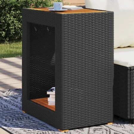 Mesa auxiliar jardín tapa madera ratán PE negro 60x40x75 cm de , Mesas de jardín - Ref: Foro24-366303, Precio: 83,21 €, Descu...