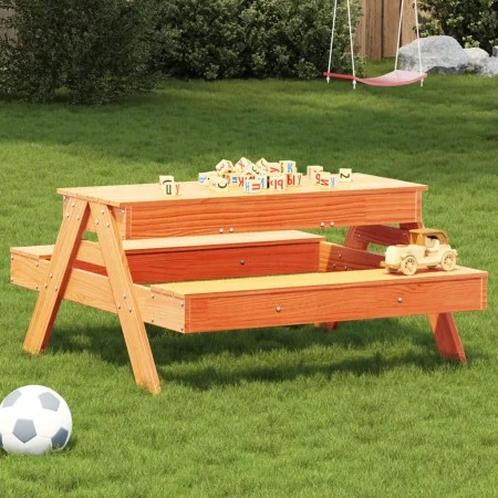 Mesa de pícnic con arenero de niños madera maciza pino marrón de , Mesas de jardín - Ref: Foro24-844655, Precio: 105,14 €, De...