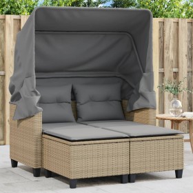 Sofá de jardín 2 plazas con toldo y taburetes ratán PE beige de , Sofás de exterior - Ref: Foro24-365785, Precio: 285,96 €, D...