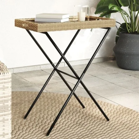 Mesa con bandeja plegable ratán sintético beige 65x40x75 cm de , Mesas de jardín - Ref: Foro24-365130, Precio: 47,15 €, Descu...