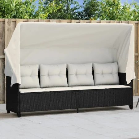 Tumbona con capota y cojines ratán sintético negro de , Tumbonas - Ref: Foro24-368335, Precio: 247,80 €, Descuento: %