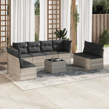 Set muebles jardín 9 pzas y cojines ratán sintético gris claro en Conjuntos de jardín | Comprar online en Foru.es