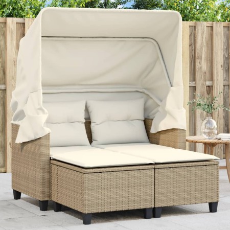 Sofá de jardín 2 plazas con capota y taburetes ratán PE beige de , Sofás de exterior - Ref: Foro24-365784, Precio: 285,96 €, ...