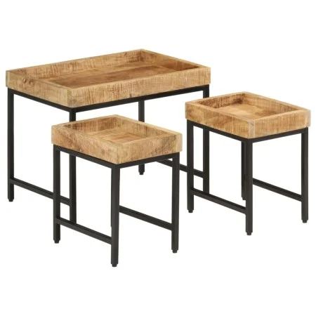 Stapelbare Tische, 3-teilig, aus massivem, rauem Mangoholz und Eisen von , Seitentische - Ref: Foro24-372732, Preis: 92,58 €,...
