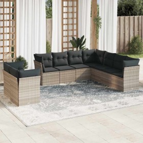 Set muebles jardín 9 pzas y cojines ratán sintético gris claro en Conjuntos de jardín | Comprar online en Foru.es